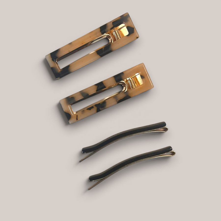 White tortoiseshell and black acetate hair clip set