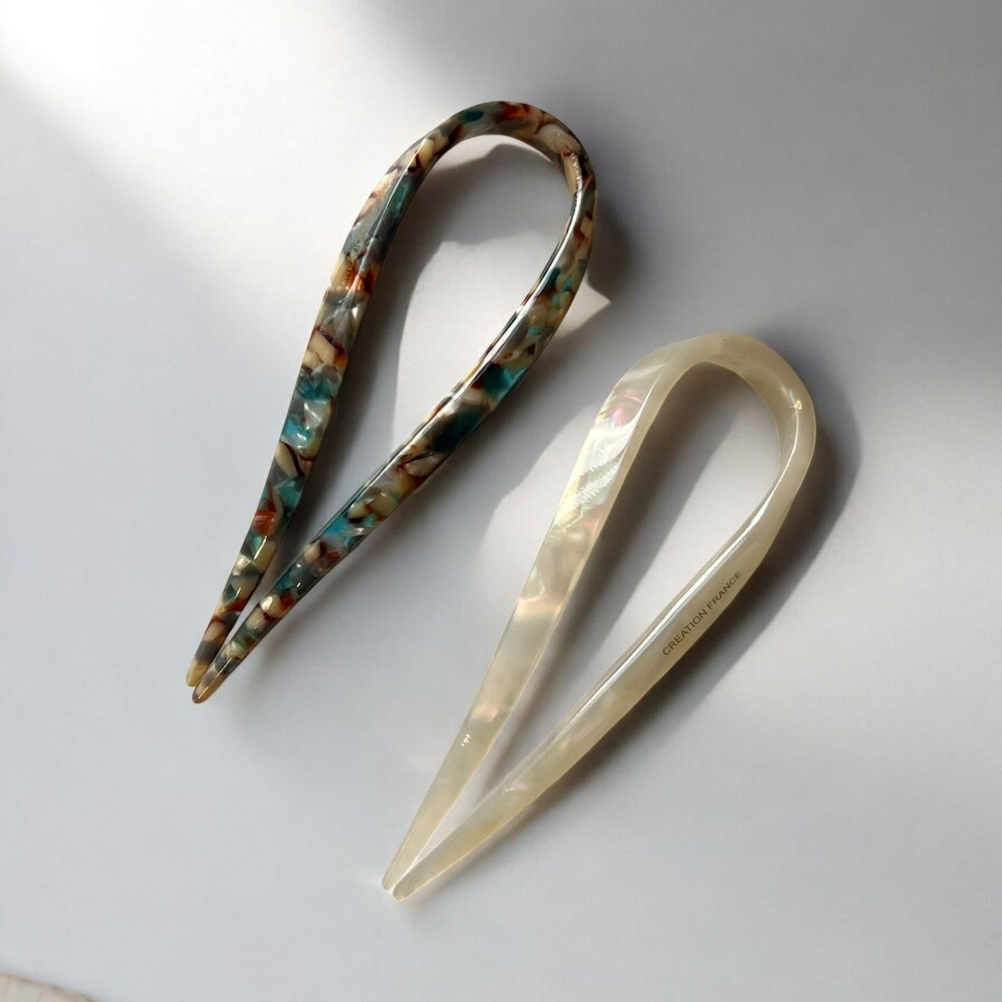Teal tortoise and ivory French hair pin set of two