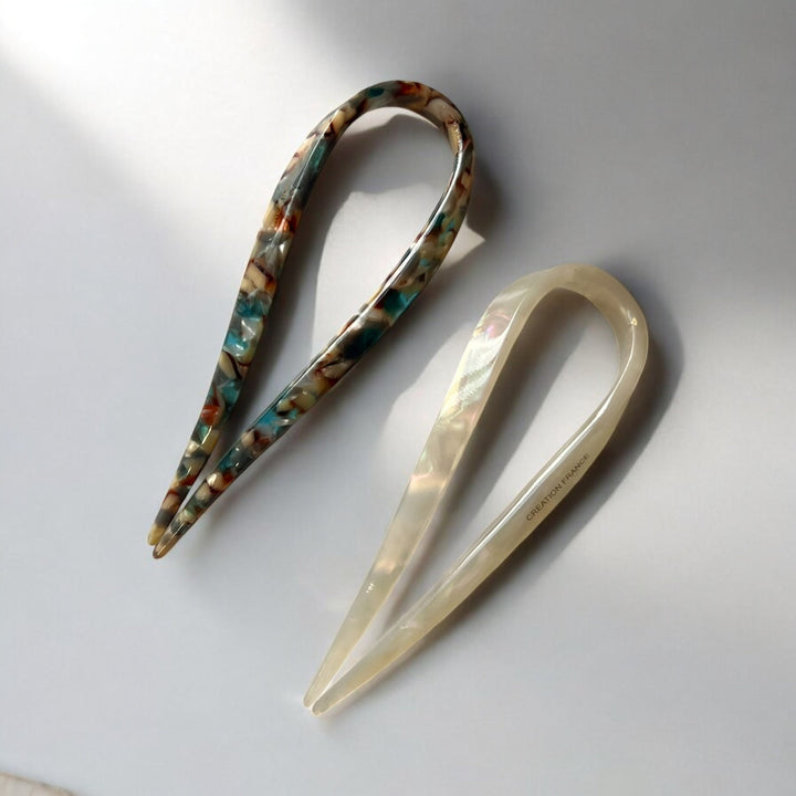 Teal tortoise and ivory French hair pin set of two