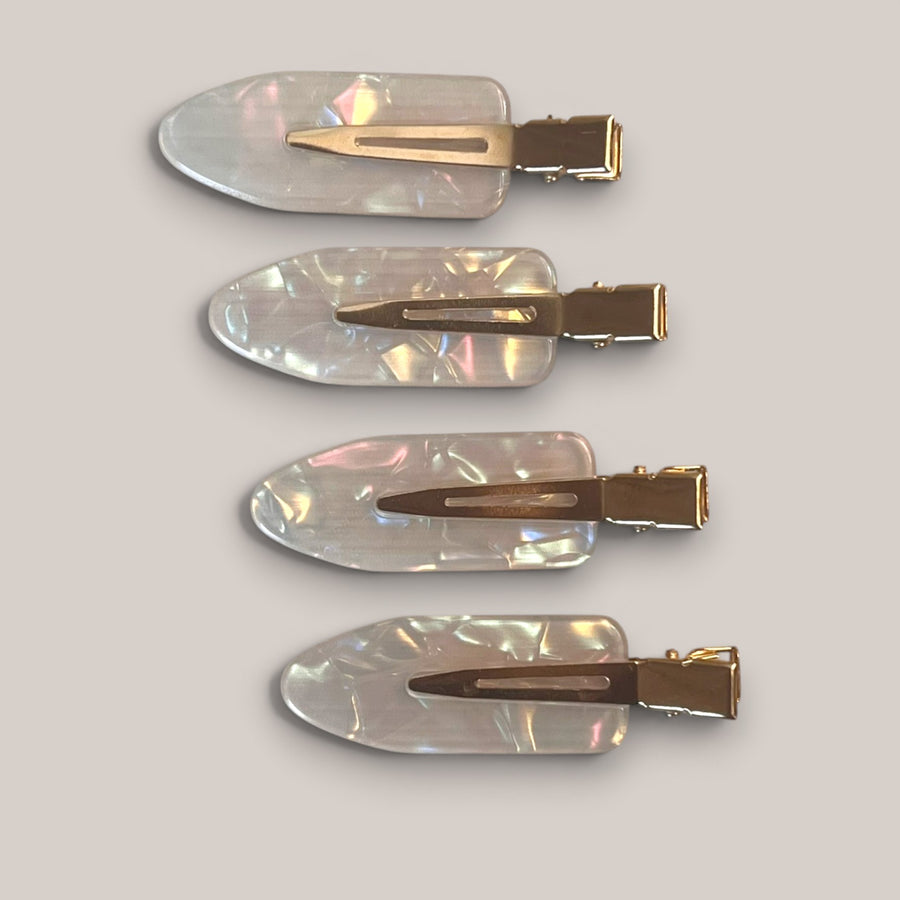 Set of four mini white pearl no-crease hair clips with gold-tone clasp