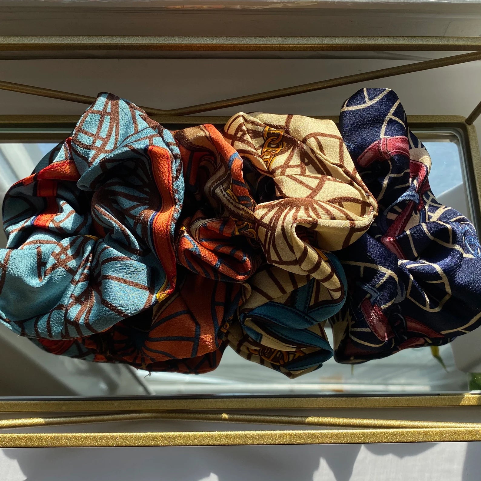 Chiffon Scrunchies - 4 Pack | Gold Chain Pattern